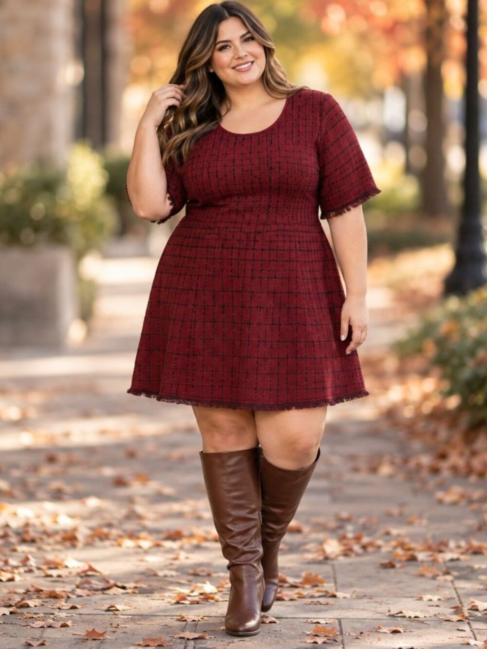 Taylor Knit A-Line Midi Sweater Dress Plaid Fringe Hem Stretch Holidays Plus 3X